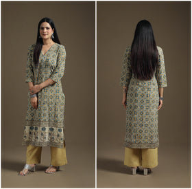 Hand Block Print Cotton Straight Long Ajrakh Kurta for Women 03