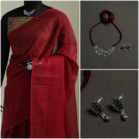 Red - Nazaakat Kota Doria Cotton Plain Saree with Blouse & Jewellery Set 132