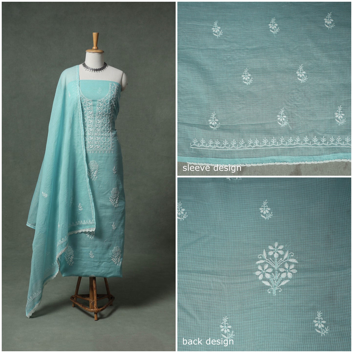 Lucknowi Chikankari Kota Doria Cotton Unstitched Dress Material: Kurta with Dupatta 21