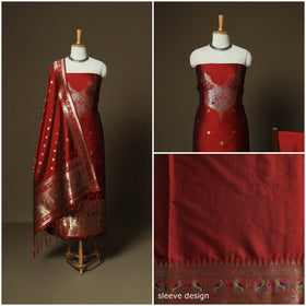 Red - Bangalore Silk Paithani Weave 3pc Unstitched Dress Material Suit Set 12