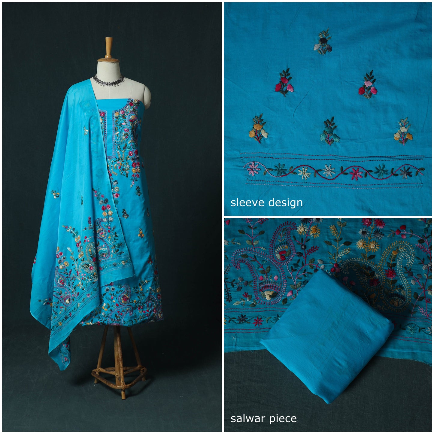 Blue - Hand Embroidered Cotton 3pc Unstitched Dress Material 42