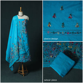 Blue - Hand Embroidered Cotton 3pc Unstitched Dress Material 42