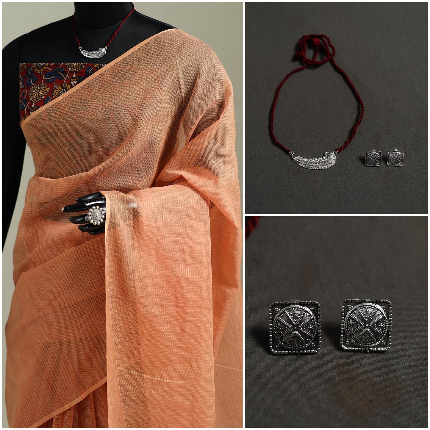 Peach - Nazaakat Kota Doria Cotton Plain Saree with Blouse & Jewellery Set 174