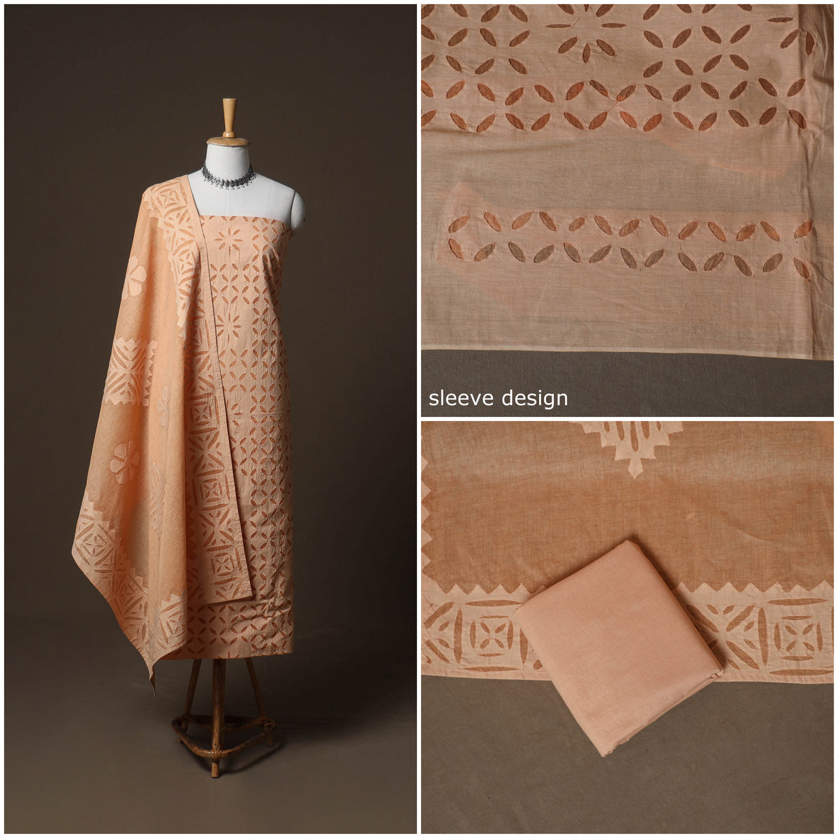 Applique Cutwork Cotton Unstitched Dress Material: Kurta, Bottom & Dupatta 12