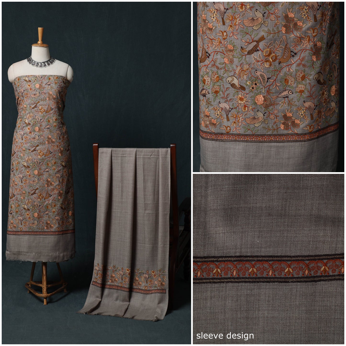 3pc Heavy Embroidered Wool Unstitched Dress Material Suit Set 53