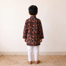 Black - kids pure cotton kurta in bagru block prints (2-3