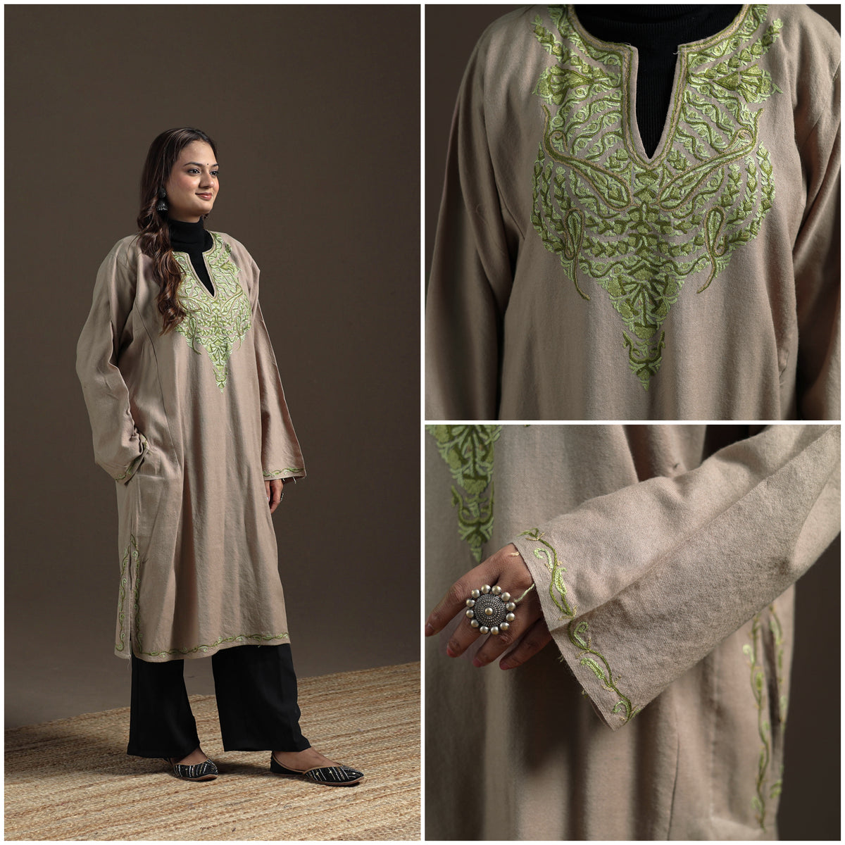 Kashmiri Aari Hand Embroidered Handwoven Merino Wool Pheran 11