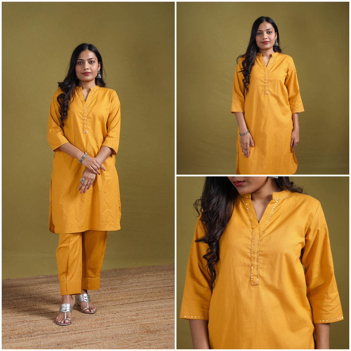 Sequin Work Flex Cotton Plain Straight Kurta with Pant Set for women 13