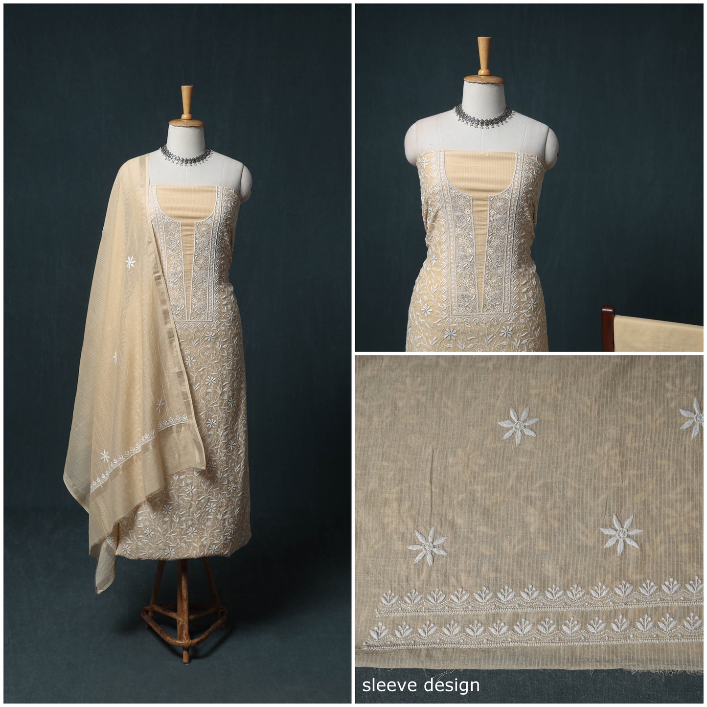 Lucknowi Chikankari Beadwork Mul Chanderi Unstitched Dress Material: Kurta, Bottom & Dupatta 12