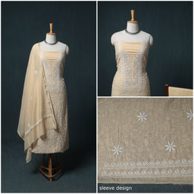 Lucknowi Chikankari Beadwork Mul Chanderi Unstitched Dress Material: Kurta, Bottom & Dupatta 12