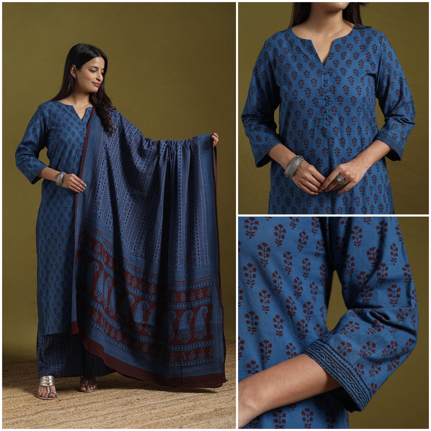 Natural Dyed Hand Block Bagh Print Cotton Suit Set with Dupatta for Women 14