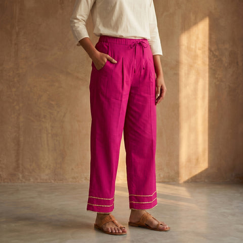 Pink - Gota Work Cotton Lycra Elasticated Plain Pant for Women 07
