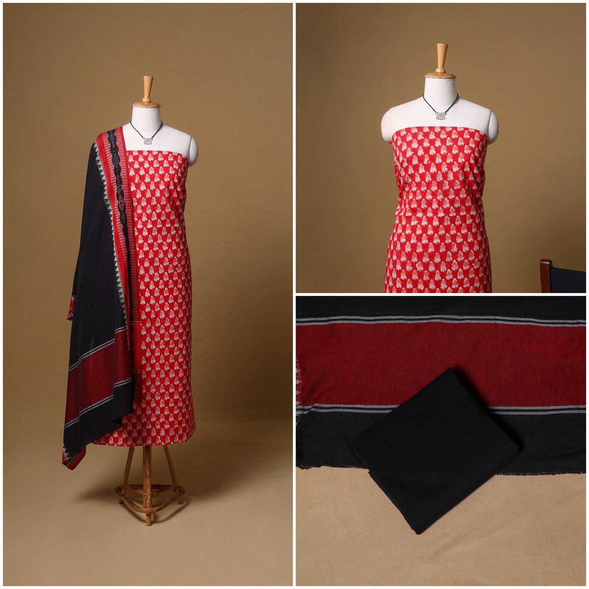 Floral Sanganeri Block Print Cotton Unstitched Dress Material: Kurta, Bottom & Dupatta with Jewellery 11
