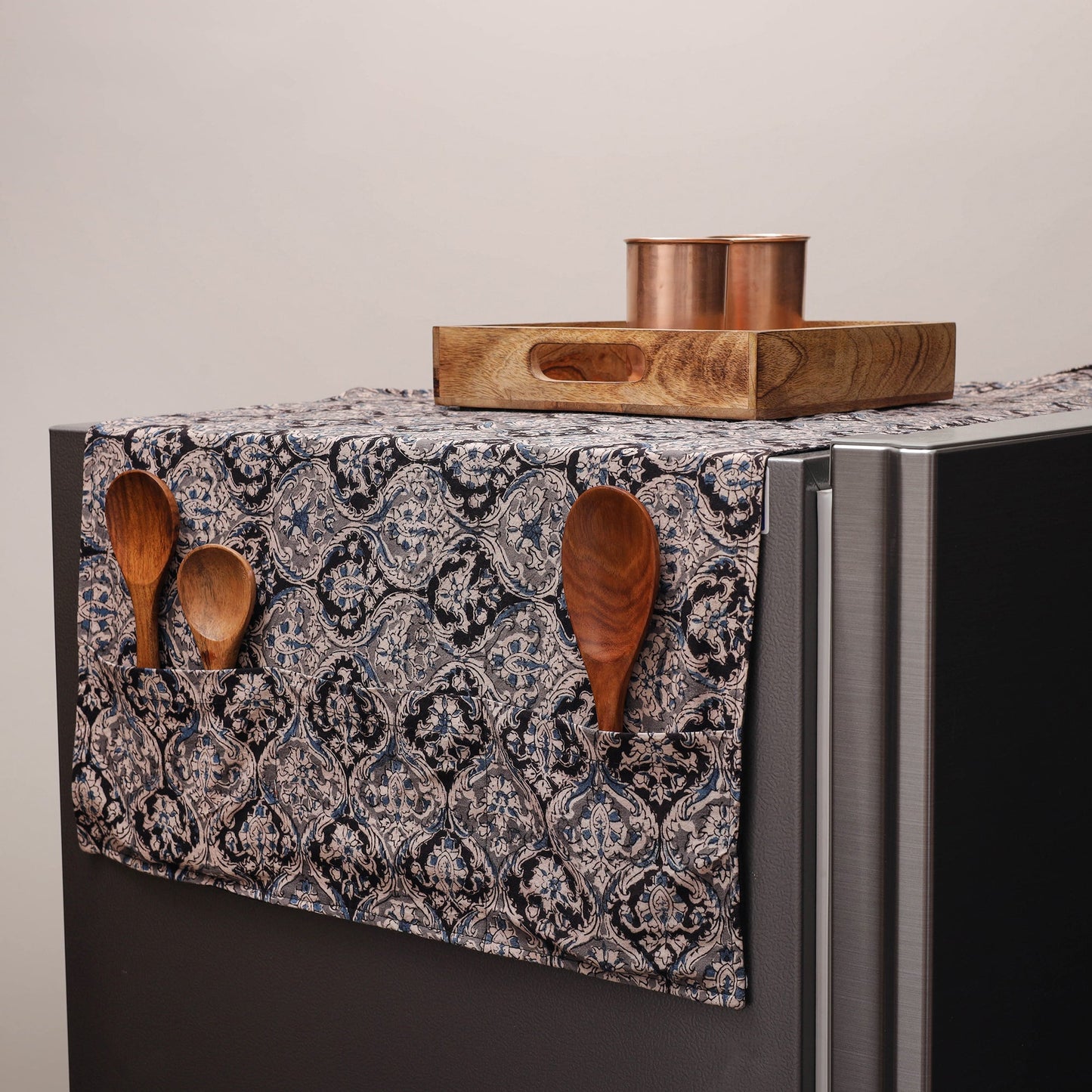 Black Kalamkari Block Printed Fridge Top Cover with Handle Cover