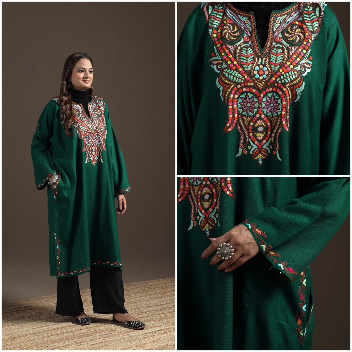 Kashmiri Aari Hand Embroidered Handwoven Merino Wool Pheran 12