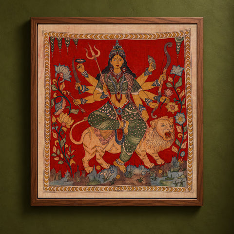 Srikalahasti Kalamkari Art Wall Hanging with Goddess Mata Motif by Ghanshyam Sarode (47 x 44 in) 13