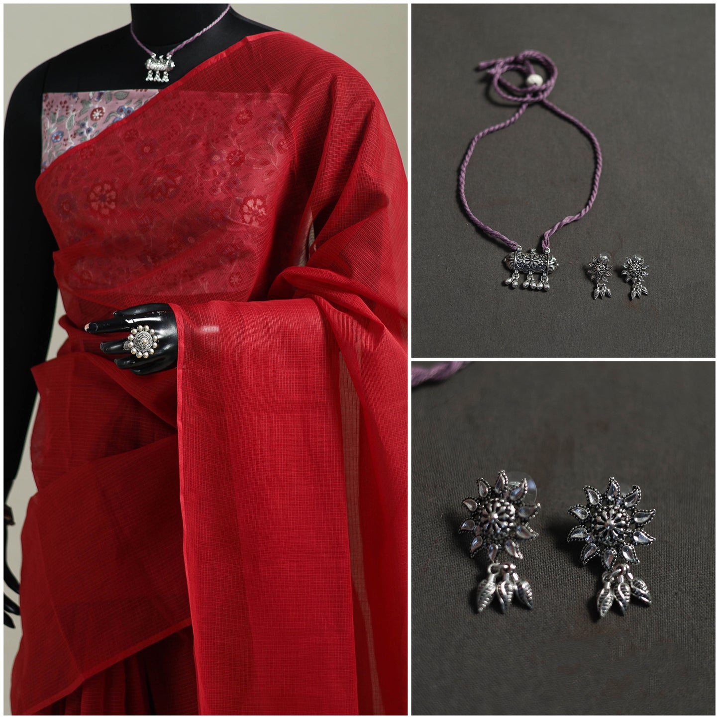 Red - Nazaakat Kota Doria Cotton Plain Saree with Blouse & Jewellery Set 147
