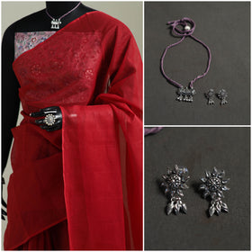 Red - Nazaakat Kota Doria Cotton Plain Saree with Blouse & Jewellery Set 147