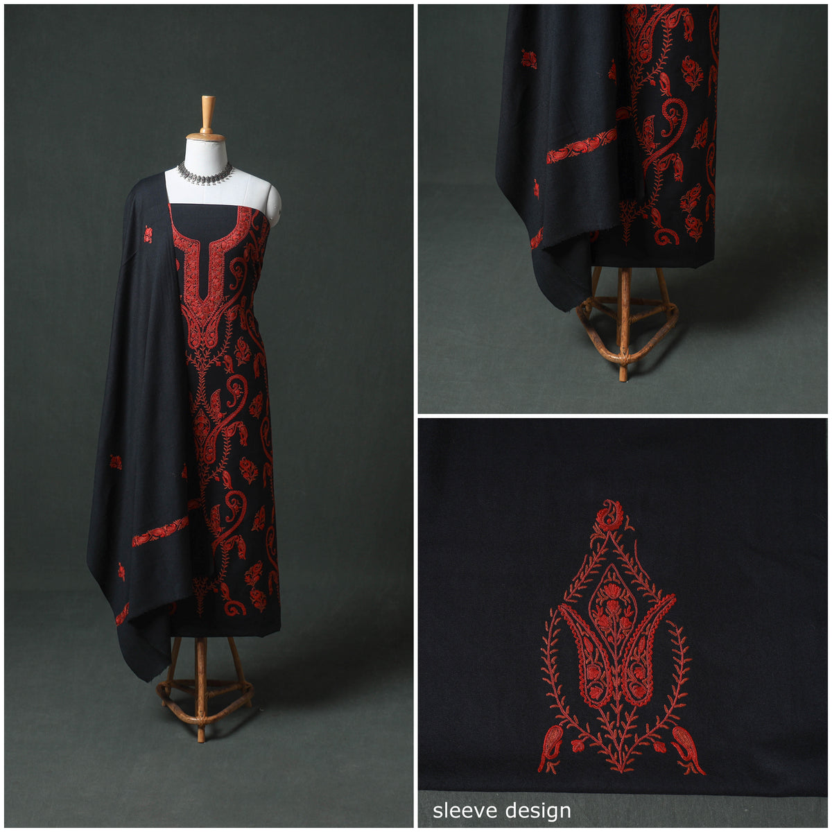 Kashmiri Aari Hand Embroidered Pure Merino Wool Unstitched Dress Material: Kurta, Bottom with Dupatta 12