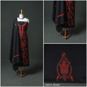 Kashmiri Aari Hand Embroidered Pure Merino Wool Unstitched Dress Material: Kurta, Bottom with Dupatta 12