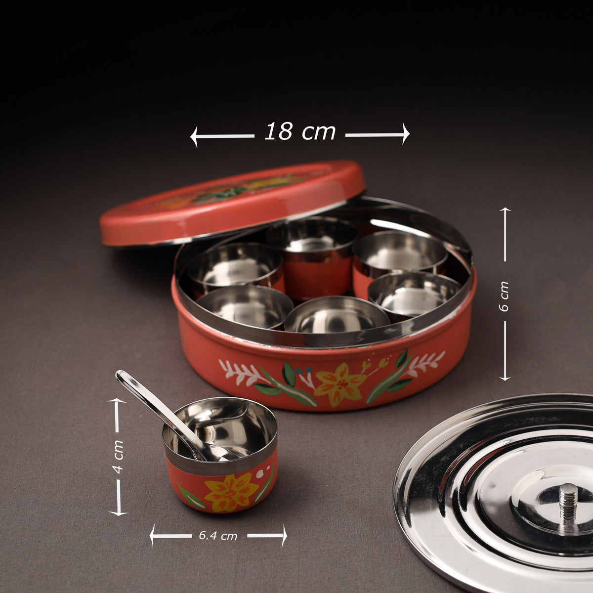 Floral Handpainted Enamelware Stainless Steel Masala Box (7 x 7 in) 13