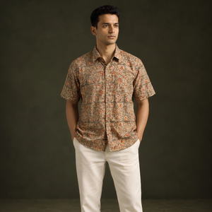 Men Half Sleeve Pedana Kalamkari Block Print Cotton Shirt 15