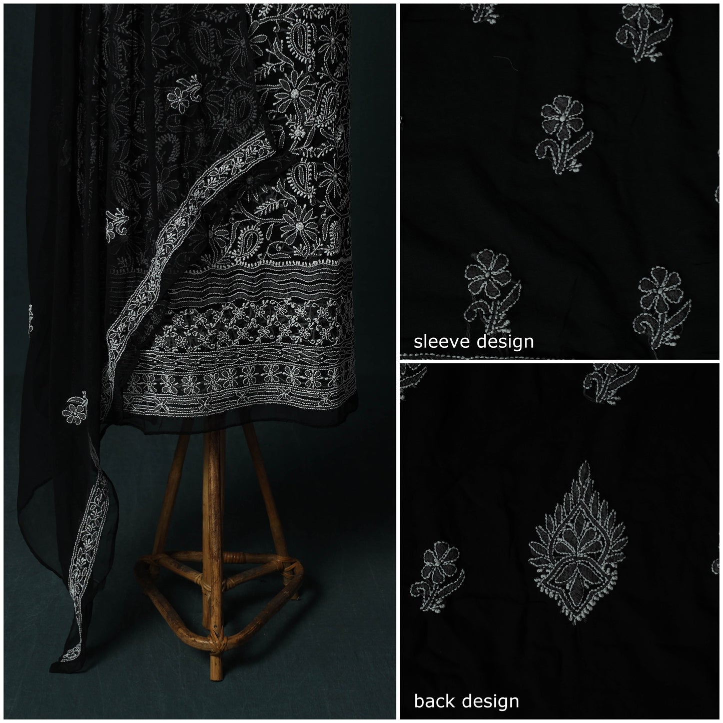 Black - Lucknowi Chikankari Hand Embroidered Georgette 3pc Unstitched Dress Material Suit Set 13