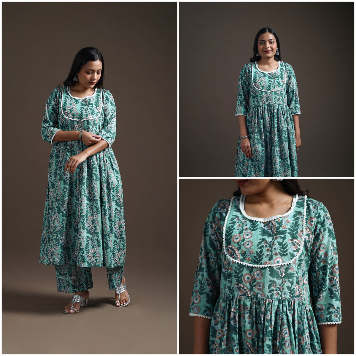 Green - floral sanganeri print cotton lace work flared