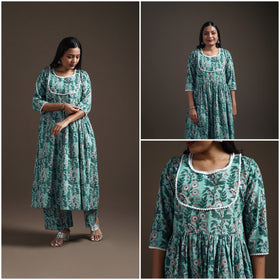 Green - floral sanganeri print cotton lace work flared