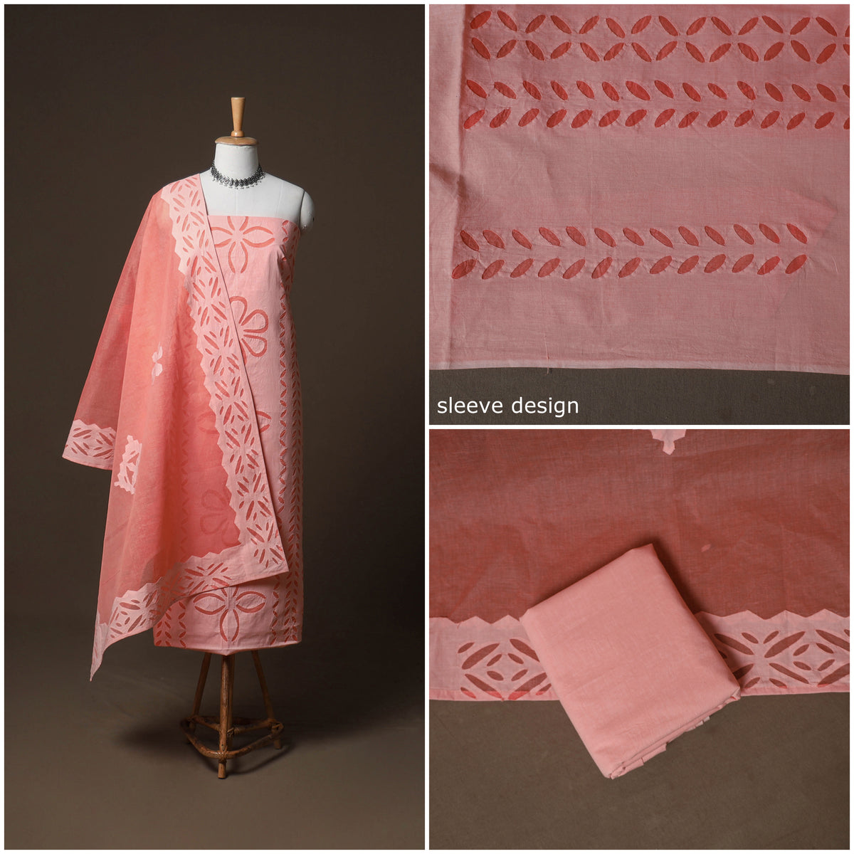 Applique Cutwork Cotton Unstitched Dress Material: Kurta, Bottom & Dupatta 13