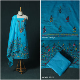 Blue - Hand Embroidered Cotton 3pc Unstitched Dress Material 44