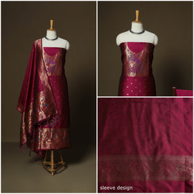 Purple - Bangalore Silk Paithani Weave 3pc Unstitched Dress Material Suit Set 13