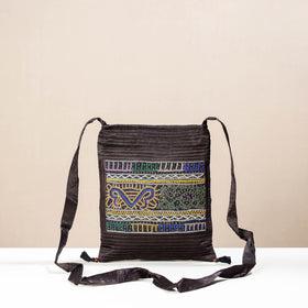 Brown - kutch rabari hand embroidery mashru silk sling bag