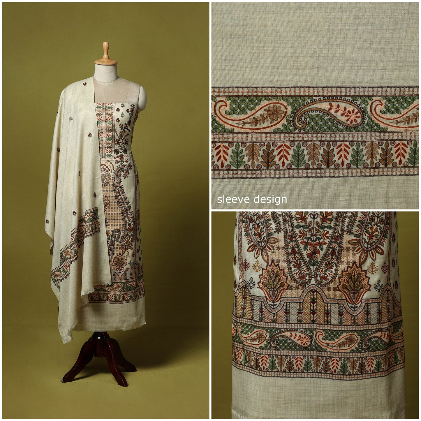 Beige - 3pc Heavy Chain Stitch Embroidered Merino Wool Unstitched Dress Material 22