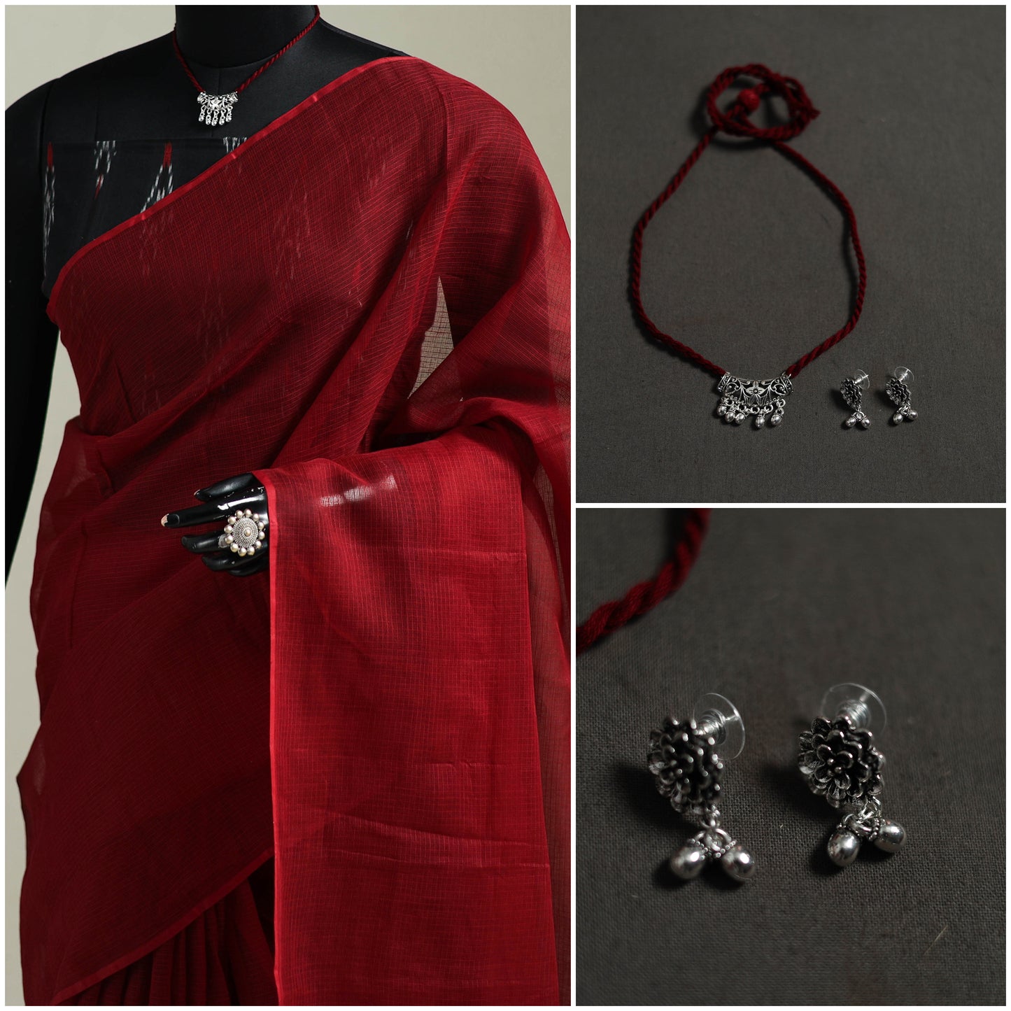 Red - Nazaakat Kota Doria Cotton Plain Saree with Blouse & Jewellery Set 175