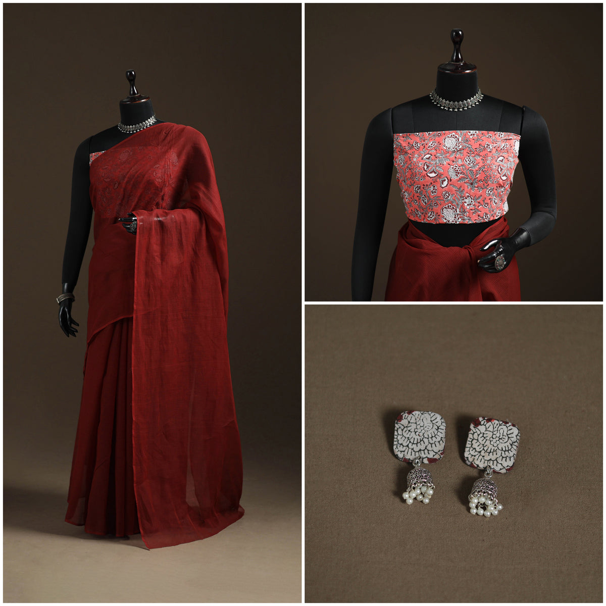 Nazaakat Kota Doria Cotton Plain Saree with Blouse Piece & Earrings 32