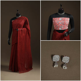 Nazaakat Kota Doria Cotton Plain Saree with Blouse Piece & Earrings 32