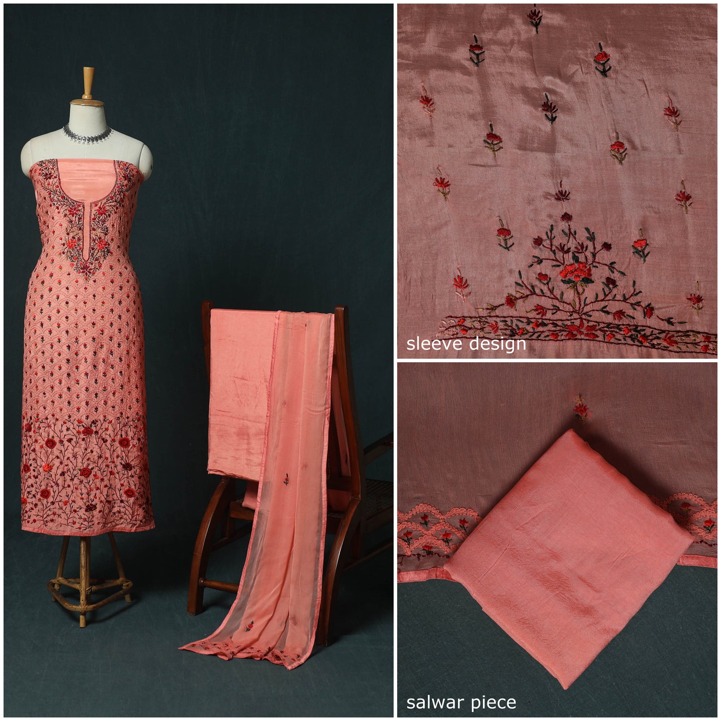 Peach - Hand Embroidered Muslin 3pc Unstitched Dress Material 09