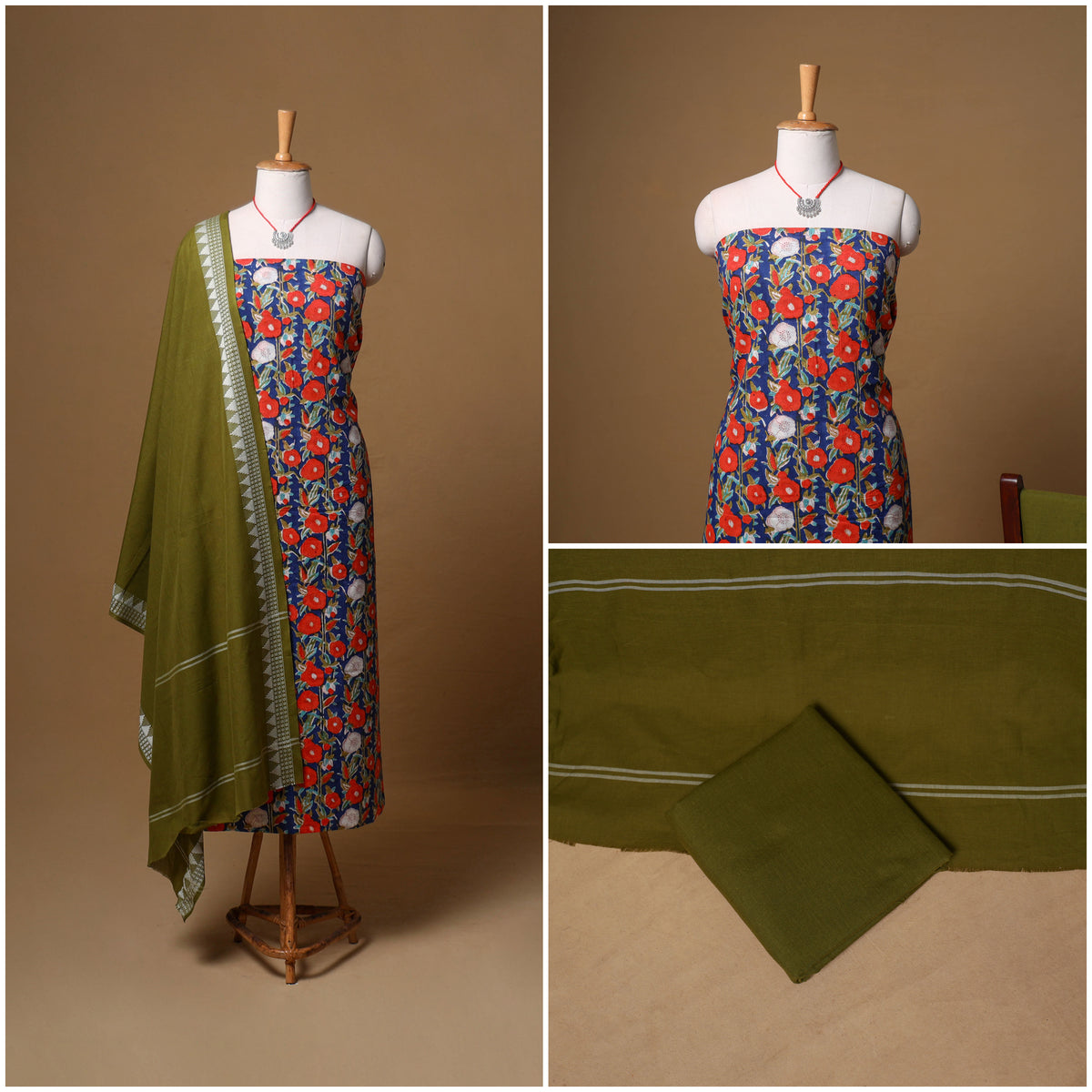 Floral Sanganeri Block Print Cotton Unstitched Dress Material: Kurta, Bottom & Dupatta with Jewellery 13