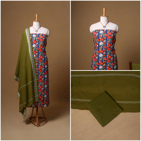 Floral Sanganeri Block Print Cotton Unstitched Dress Material: Kurta, Bottom & Dupatta with Jewellery 13
