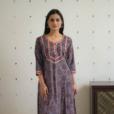 Blue - Block Printed Cotton Gota Work Long Ajrakh Kurta 13