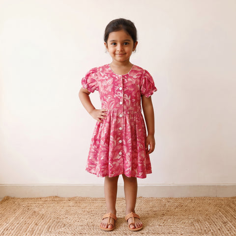 Pink - Pure Cotton Girls Frock Dress in Sanganeri Floral Prints (3-4 Years) 27