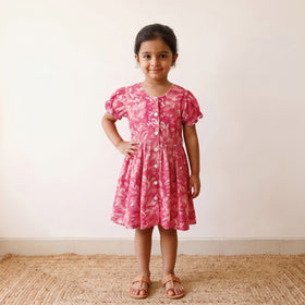Pink - pure cotton girls frock dress in sanganeri floral