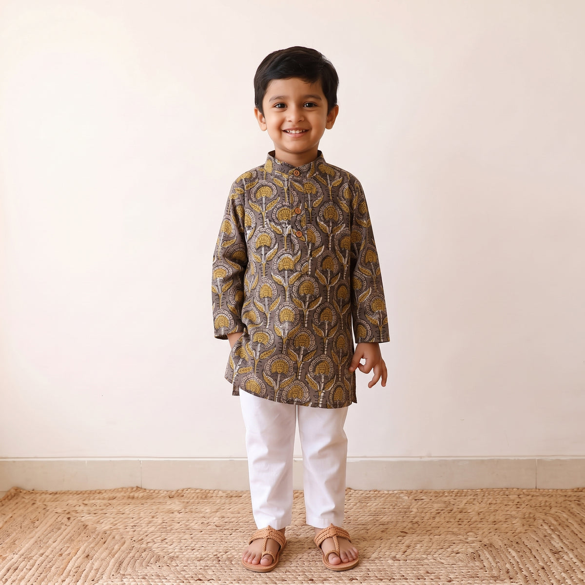 Grey - kids pure cotton kurta in bagru block prints (2-3