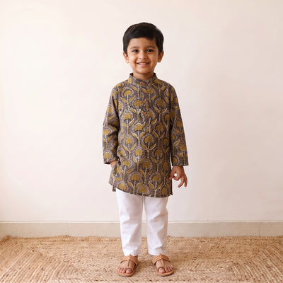 Grey - kids pure cotton kurta in bagru block prints (2-3
