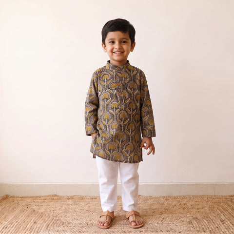 Grey - Kids Pure Cotton Kurta in Bagru Block Prints (2-3 Years) 79