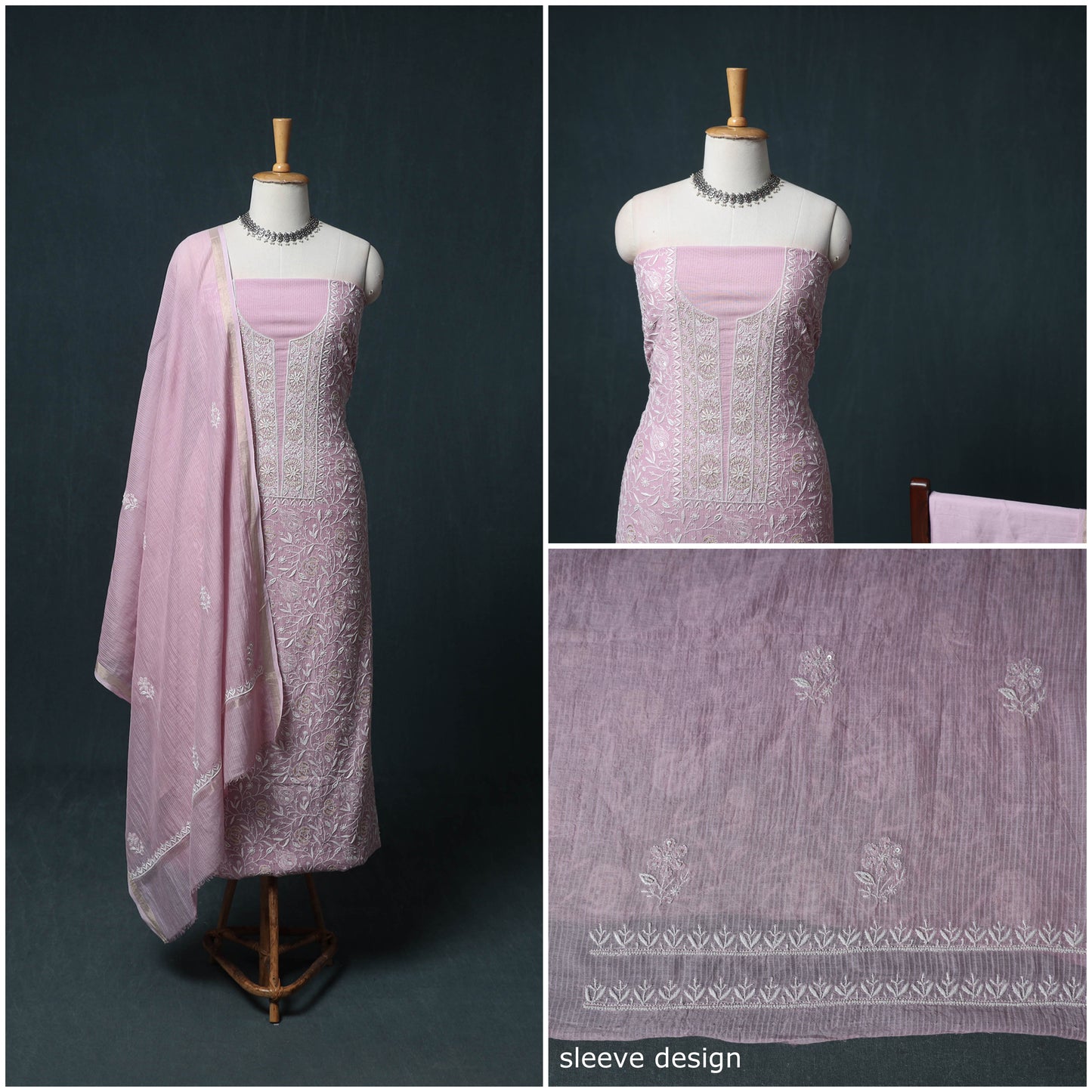 Lucknowi Chikankari Beadwork Mul Chanderi Unstitched Dress Material: Kurta, Bottom & Dupatta 13