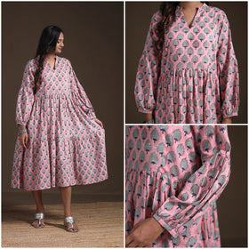 Sanganeri Floral Hand Block Print Cotton Tiered Long Dress for Women 04