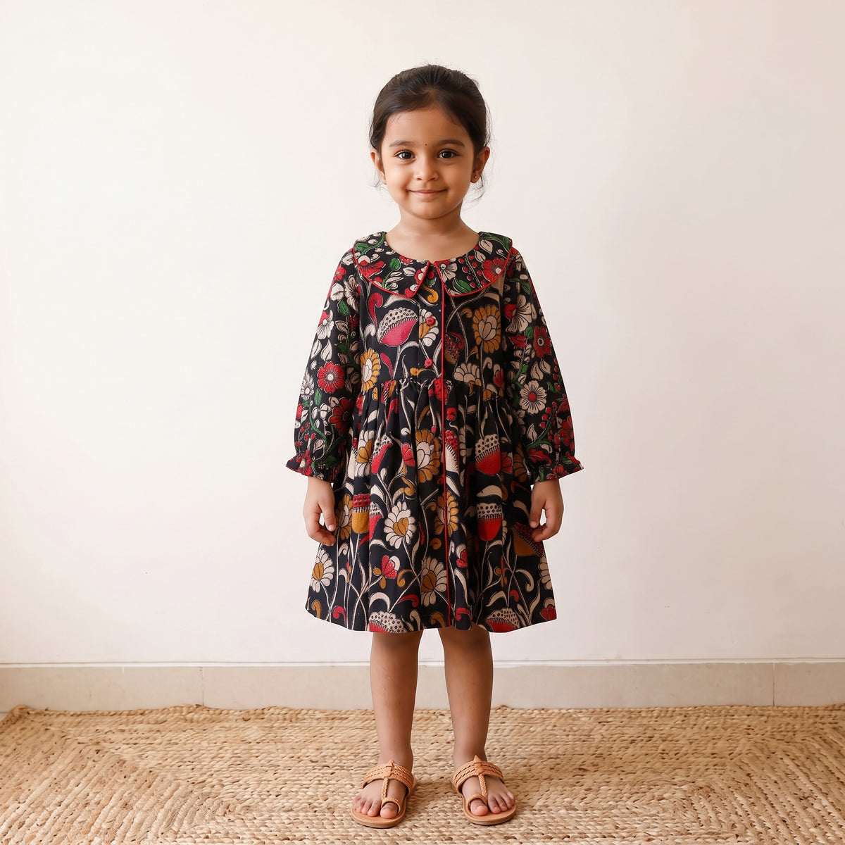 Black - pure cotton girls frock dress in kalamkari prints