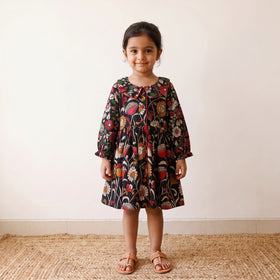 Black - pure cotton girls frock dress in kalamkari prints